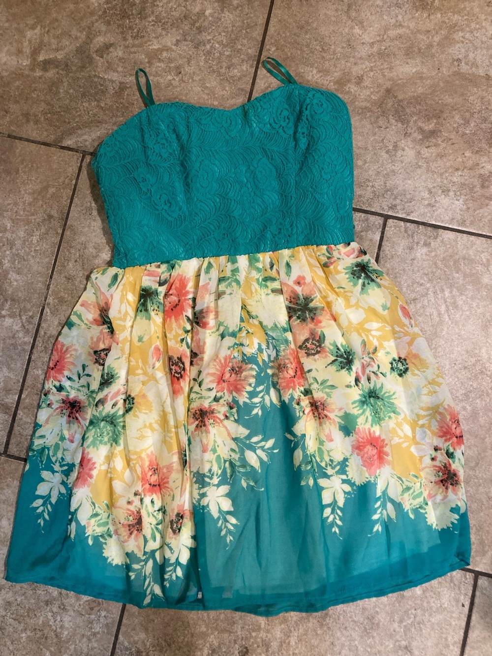 Trixxi Teal Floral Lace Bodice Sundress